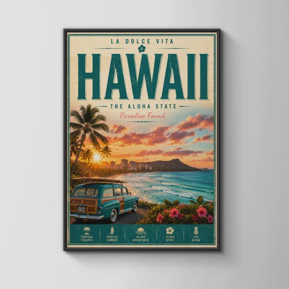 Hawaii Vintage Poster Paradise Found Wall Art Tropical Escape Decor Aloha State Print