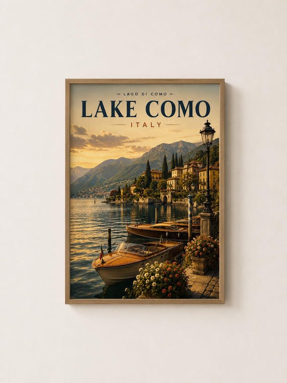 Lake Como Italy Travel Poster Vintage Lakeside Wall Art Print
