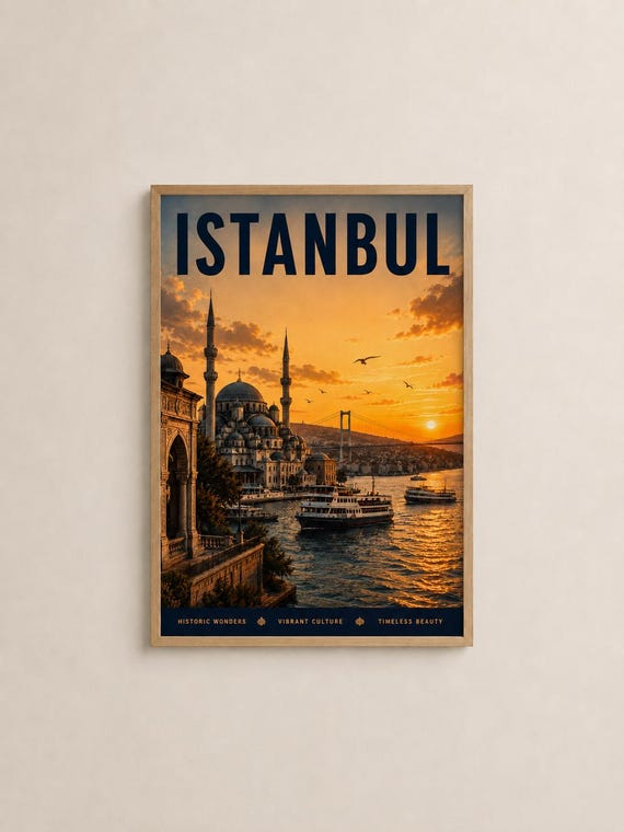 Istanbul Travel Poster Vintage Cityscape Wall Art Print Golden Hour Sunset View