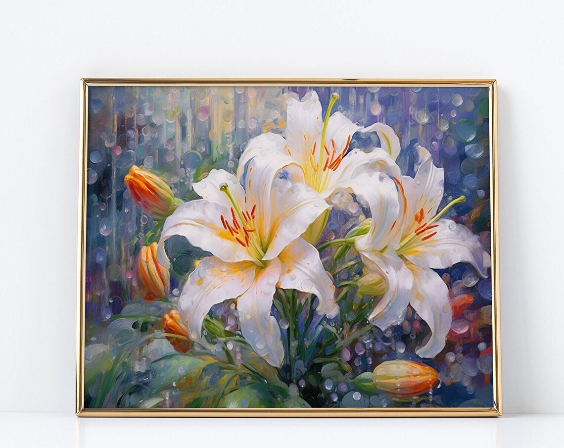 Abstract Flower Painting, Pointillist Lilies Nature Scene