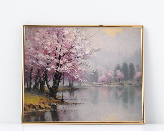 Soft Pink Blooms Serene Lake And Enchanting Atmosphere Impressionist Painting Muted Color Wall Art