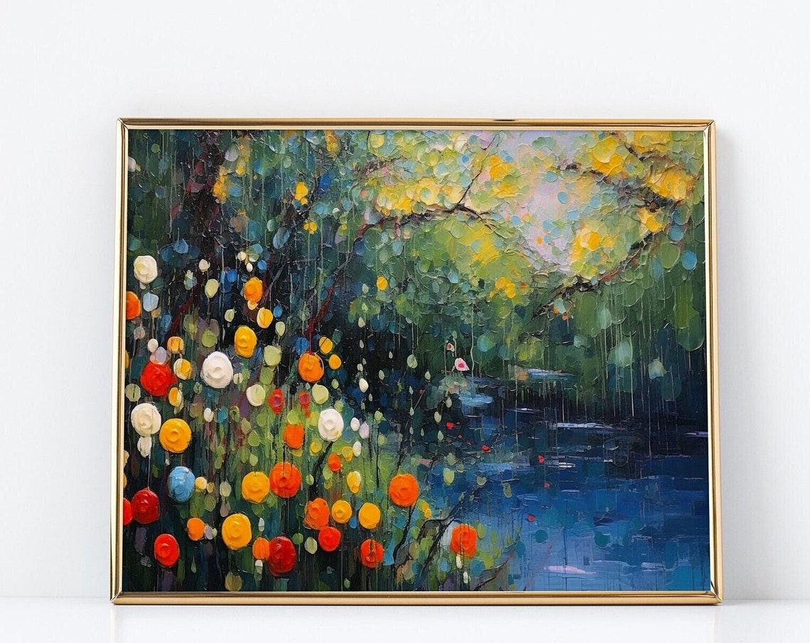 Impressionist Wildflower Stream Colorful Dots Dark Water Floral Poster