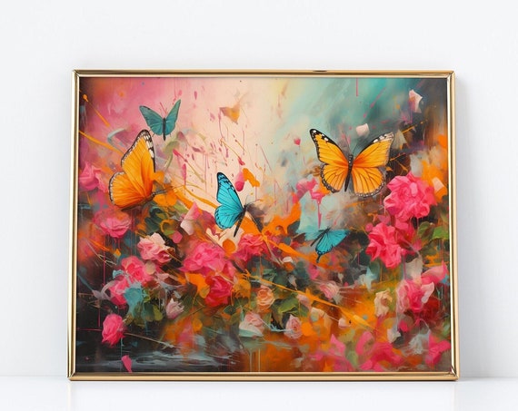 Butterfly Painting Abstract Floral Field Expressionist Splatters Angura Kei Style Yellow Pink Detailed Foliage