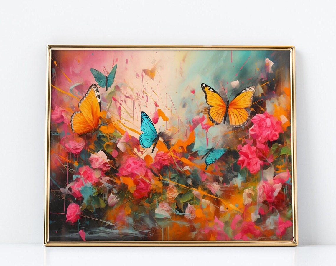 Butterfly Garden Painting Monarch Butterflies Pink Roses Poster