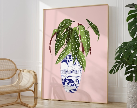 Spotted Begonia In Blue Chinoiserie Vase Pink Minimalist Art Print