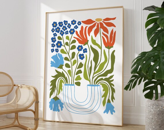 Botanical Flowers And Vase Print Colourful Gallery Wall Art Midcentury Scandinavian Design Living Room Bedroom