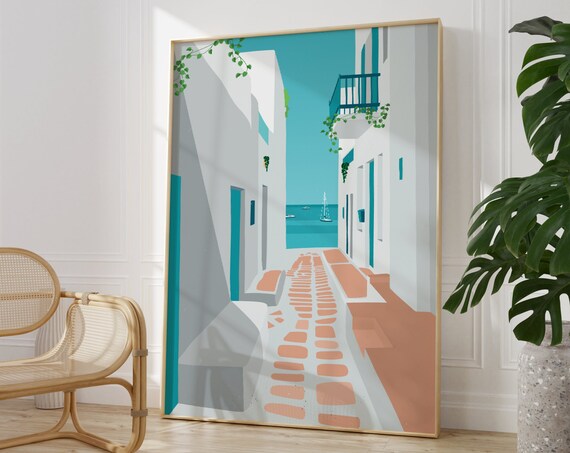 Mykonos Greece Minimalist Whitewashed Alley Sailboat Sea View Poster
