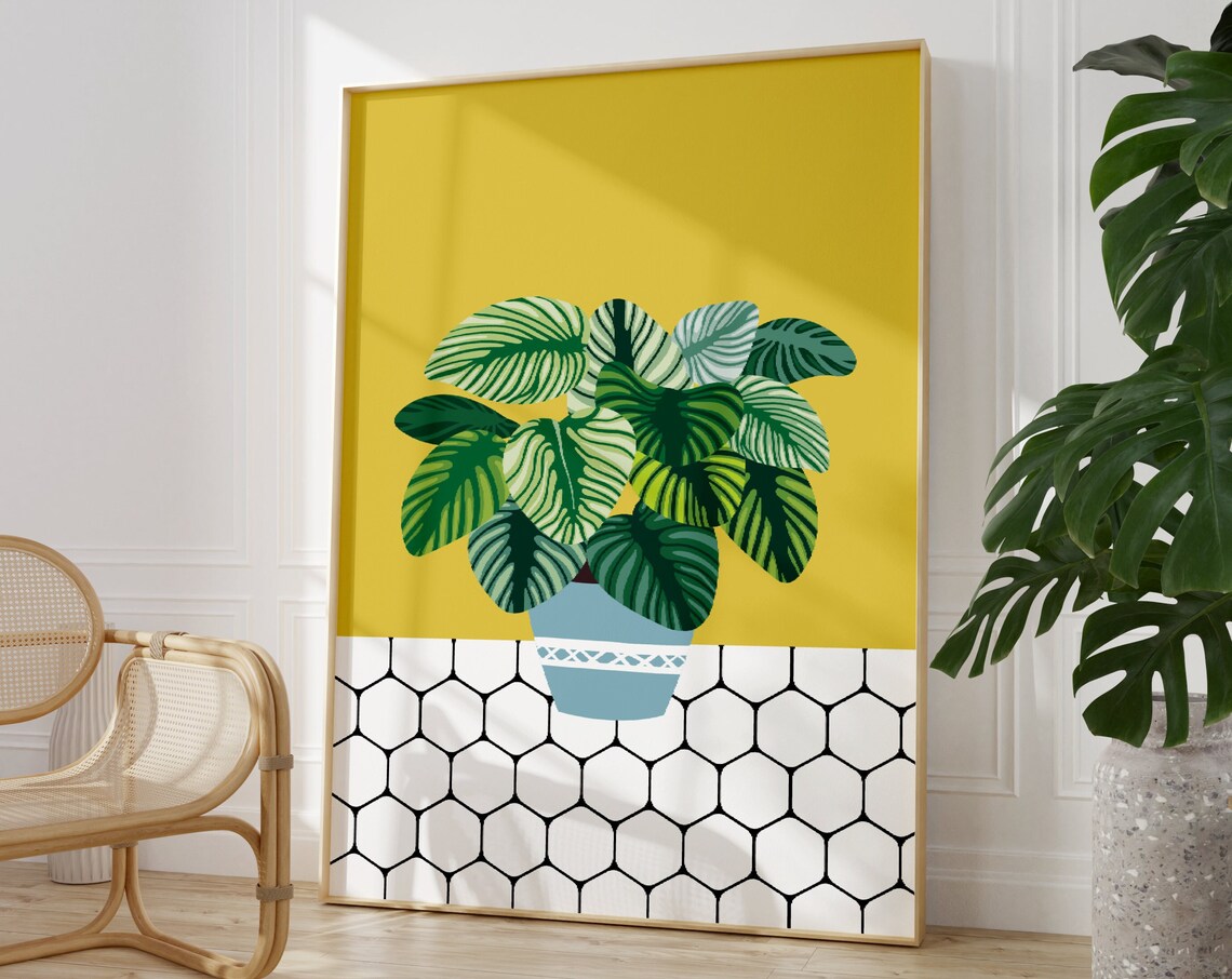 Large Leaf Plant On Tile Floor, Boho Art Print