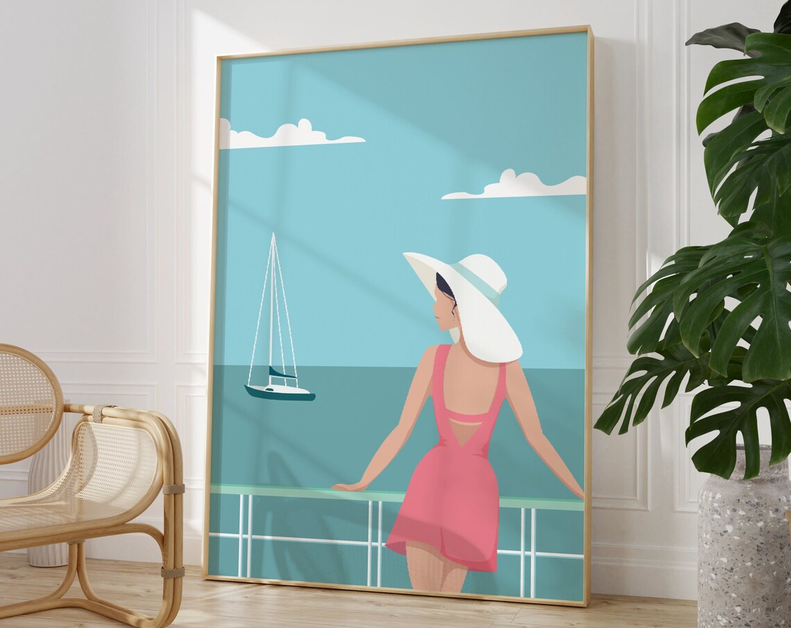 Woman by the Sea Minimalist Print Pink Dress Summer Coastal Art