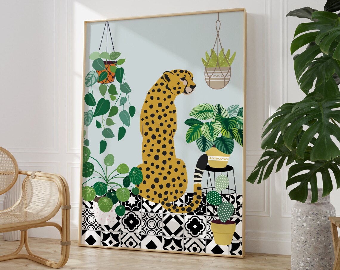 Leopard Colorful Plant Print, Boho Wall Art Print