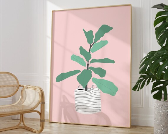 Fiddle Leaf Fig Tree Striped Basket Pink Background Botanical Poster