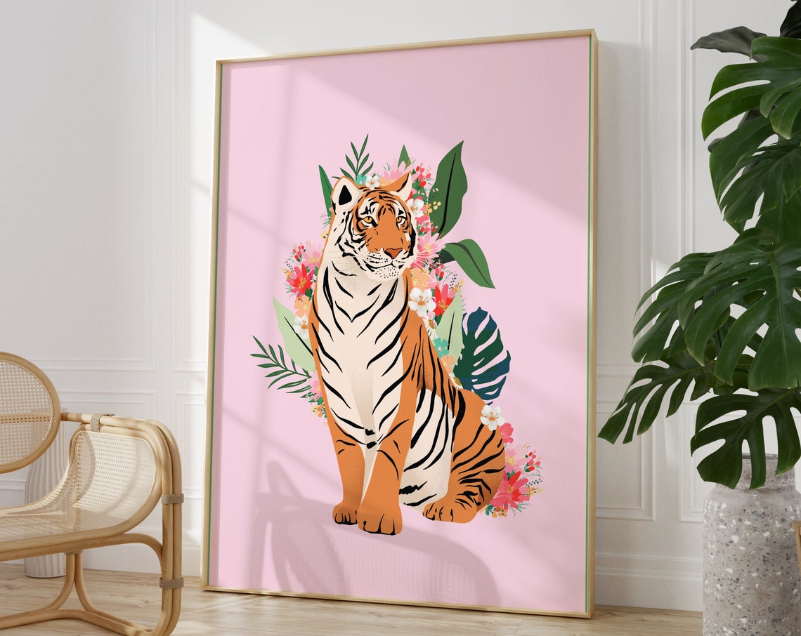 Pink Tiger Sitting Among Tropical Flowers Boho Style Art Poster