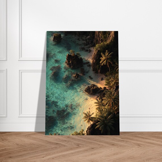 Tropical Rocky Cove Aerial Turquoise Sea Palm Beach Scenic Poster