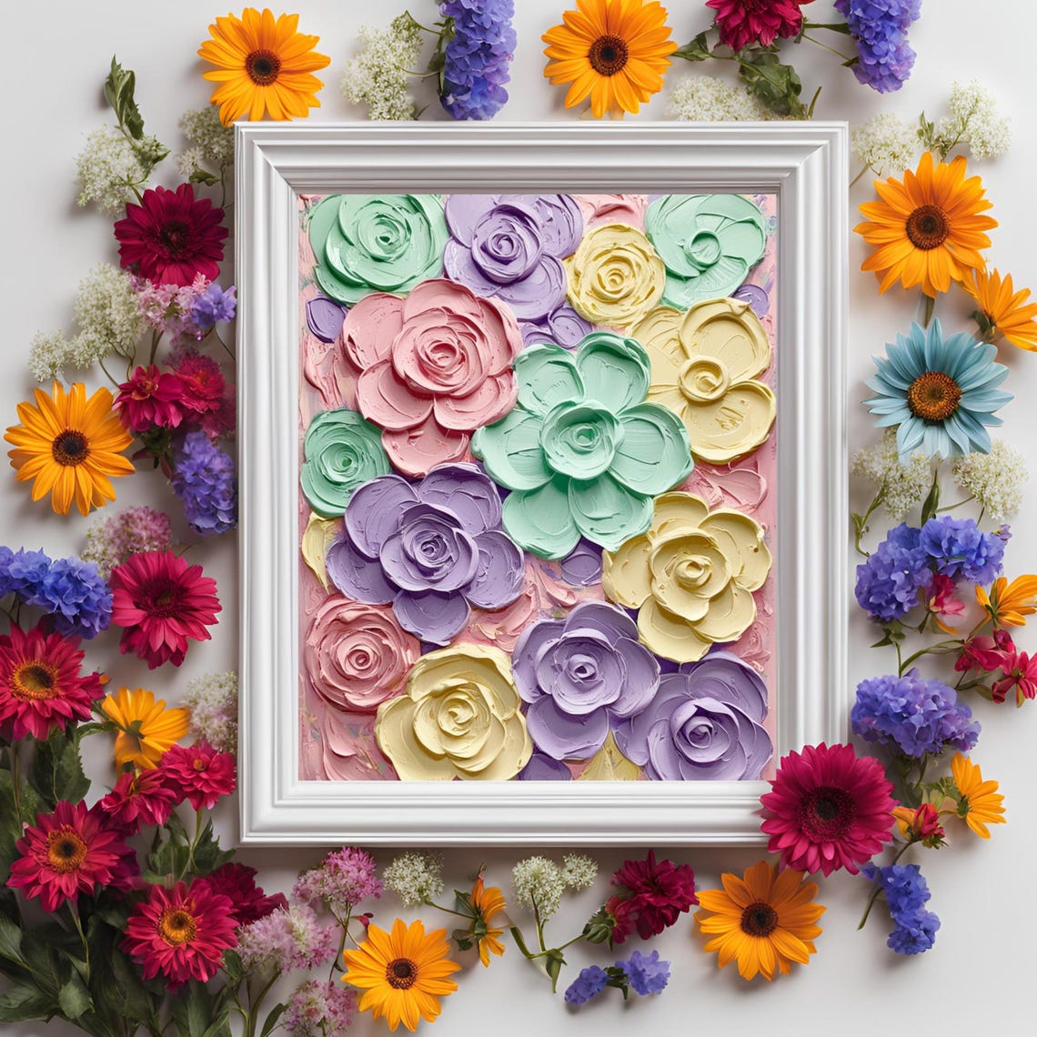 Pastel Petal Symphony Impasto Rose Garden Square Floral Wall Art