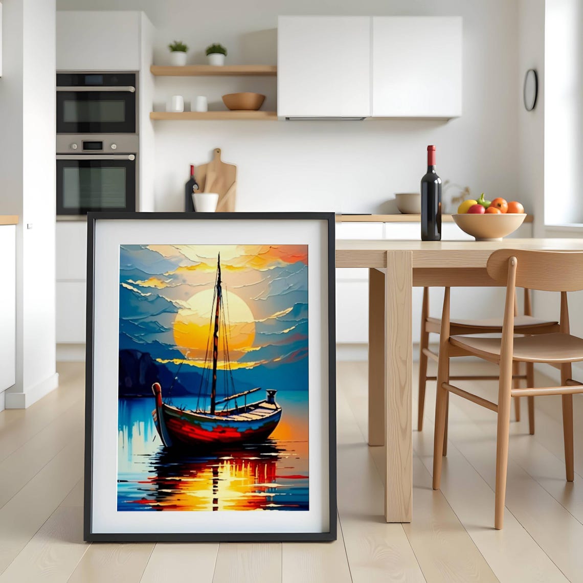 Red Sailboat at Sunset Reflection Vivid Nautical Coastal Poster