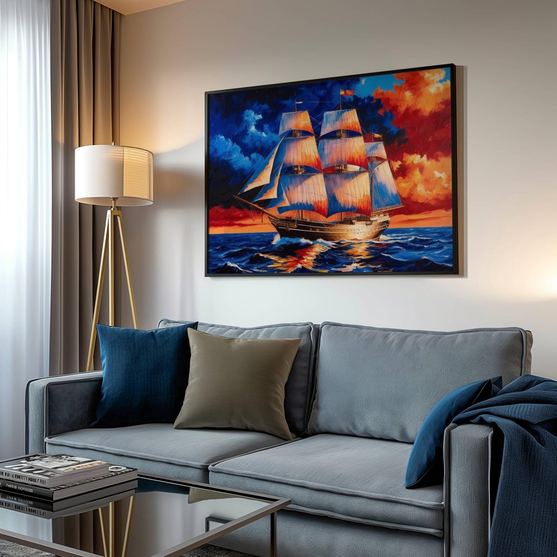 Majestic Sailing Ship Sunset Painting Vibrant Maritime Art For Nautical Decor Ocean Lovers - Image 3