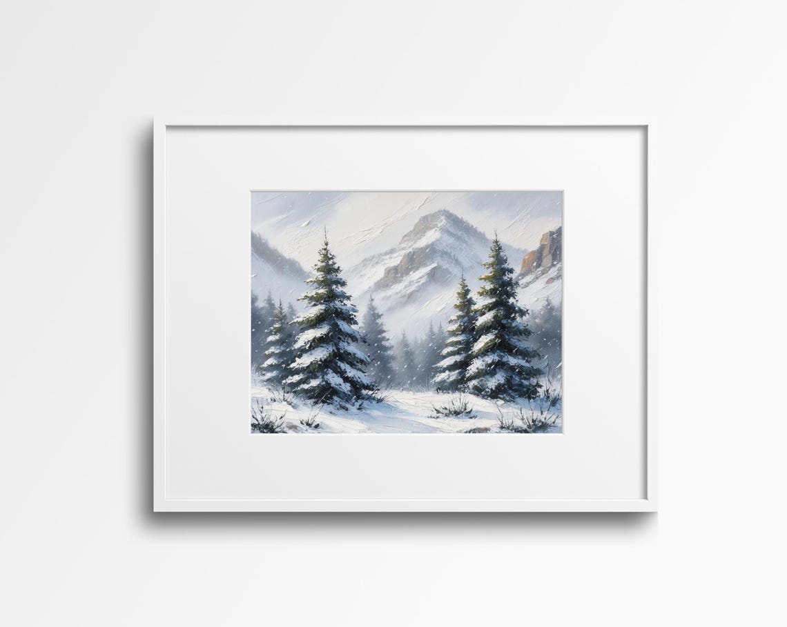 Snowy Winter Pine Trees Misty Mountain Landscape Holiday Poster - Image 3