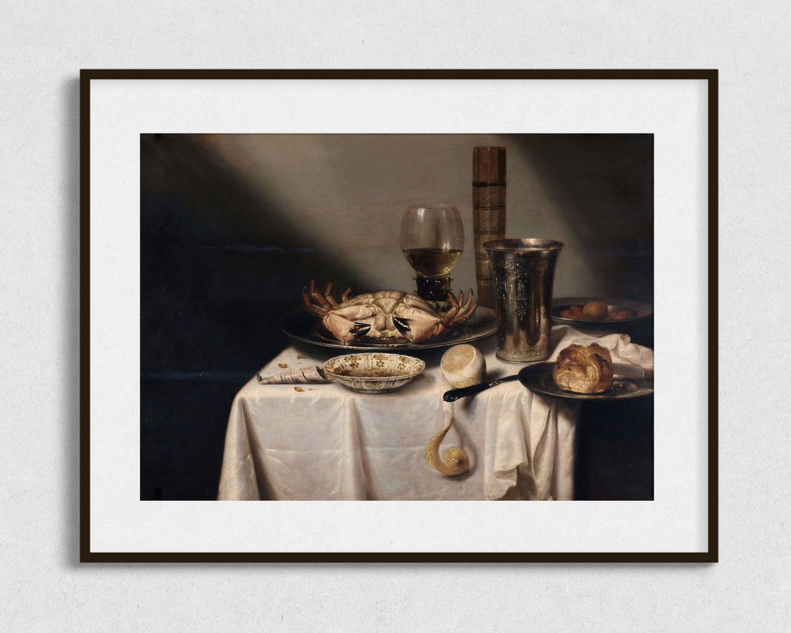 Crab On Pewter Platter White Cloth Silver Beaker Still Life Art Poster - Image 2