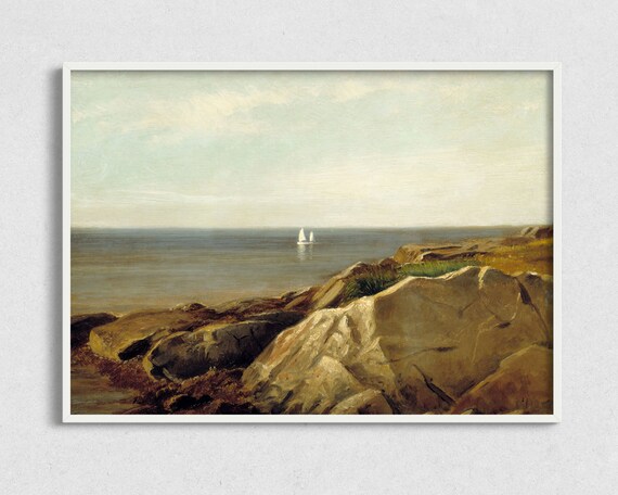 Minimalist Rocky Coast Seascape Sailboat Horizon Calm Sea Vintage Art Poster