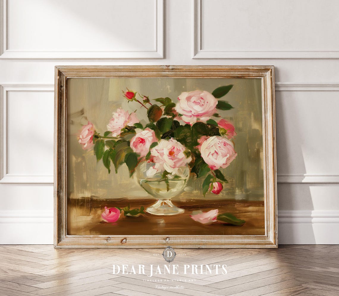 Pink Roses in Glass Compote Bowl Green Background Classic Poster