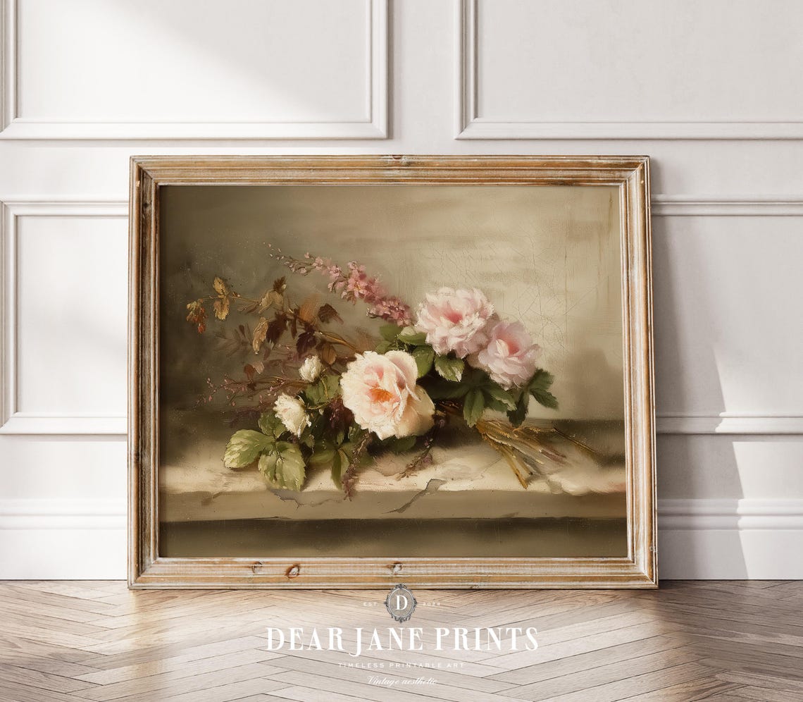Pale Pink Roses Lying on Table Foliage Classic Vintage Still Poster
