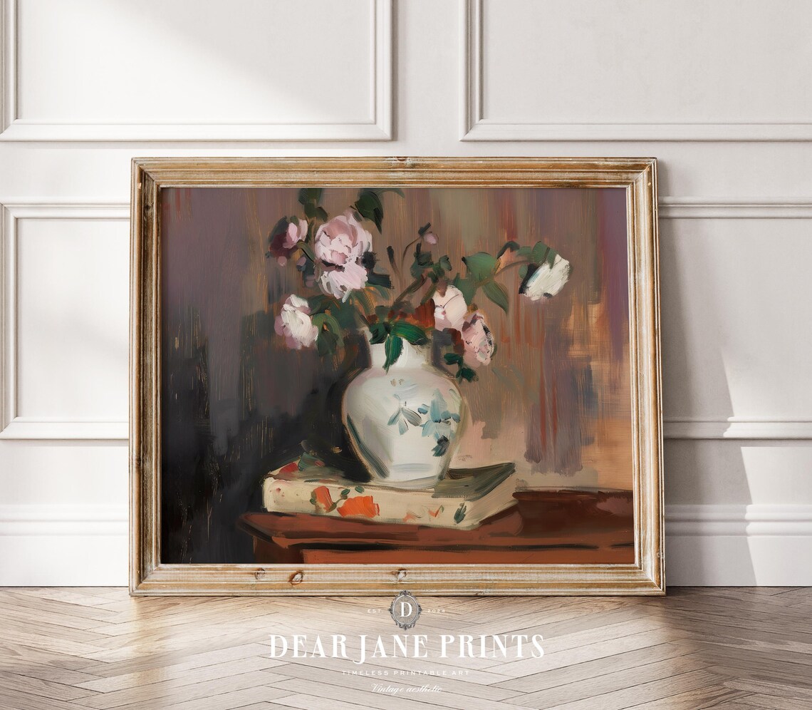 Pink and White Blooms in Vase on Book Dark Vintage Floral Art Poster - Image 2