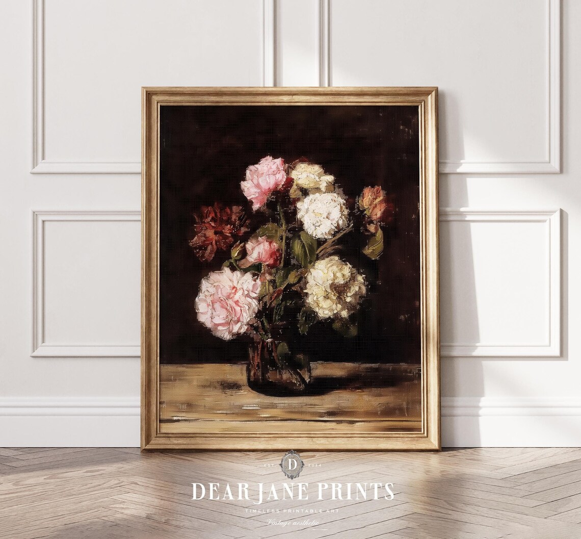 Pink And White Peonies Dark Vase Moody Floral Painting Vintage Poster