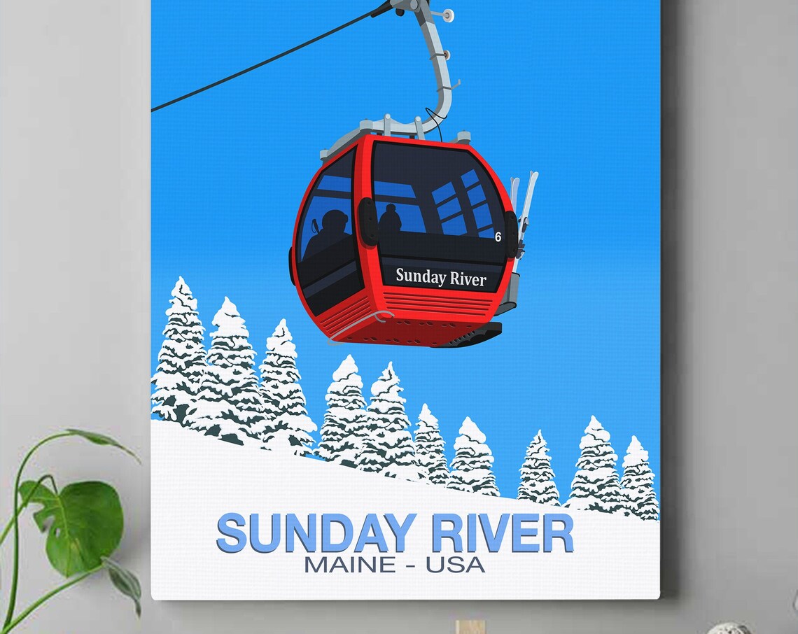 Sunday River Maine USA Red Gondola Cabin Vintage Ski Art Poster