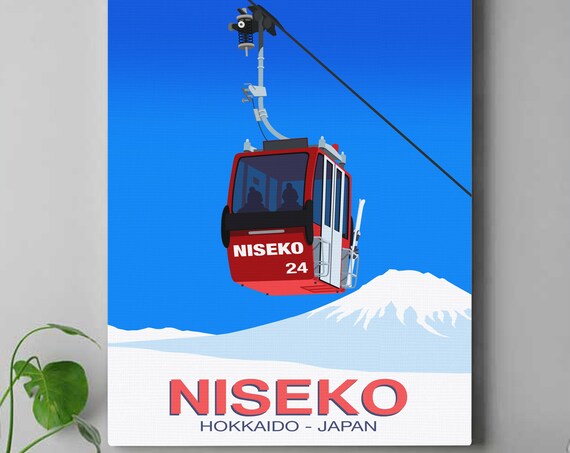 Niseko Ski Poster with Red Gondola and Snowy Peak Hokkaido Japan