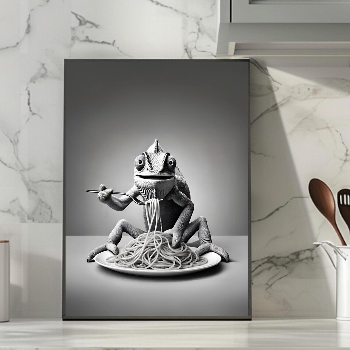 Funny Chameleon With Spaghetti, Kitchen Humor Poster