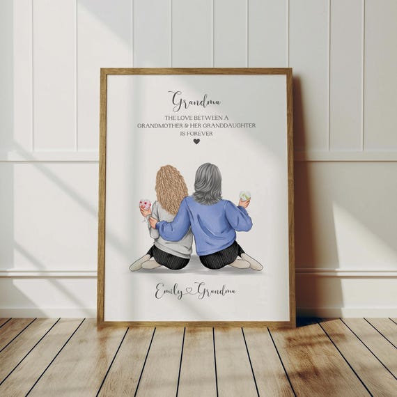 Personalized Grandma and Granddaughter Print with Wine Glasses