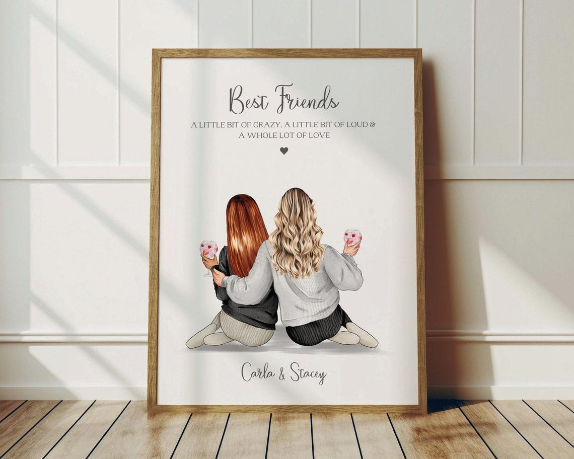 Best Friends Funny Quote Illustrated Duo Portrait Keepsake Print