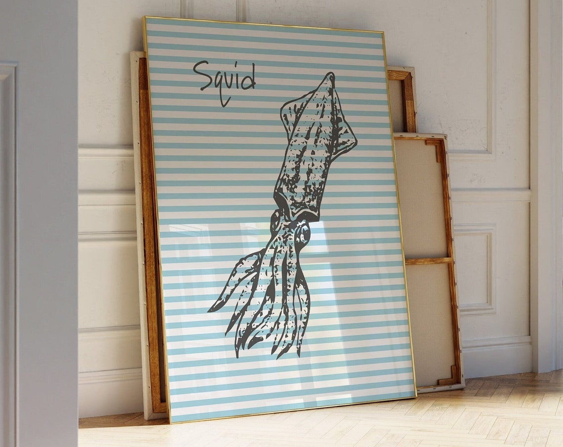Squid Black Ink Illustration on Blue Striped Coastal Kitchen Poster