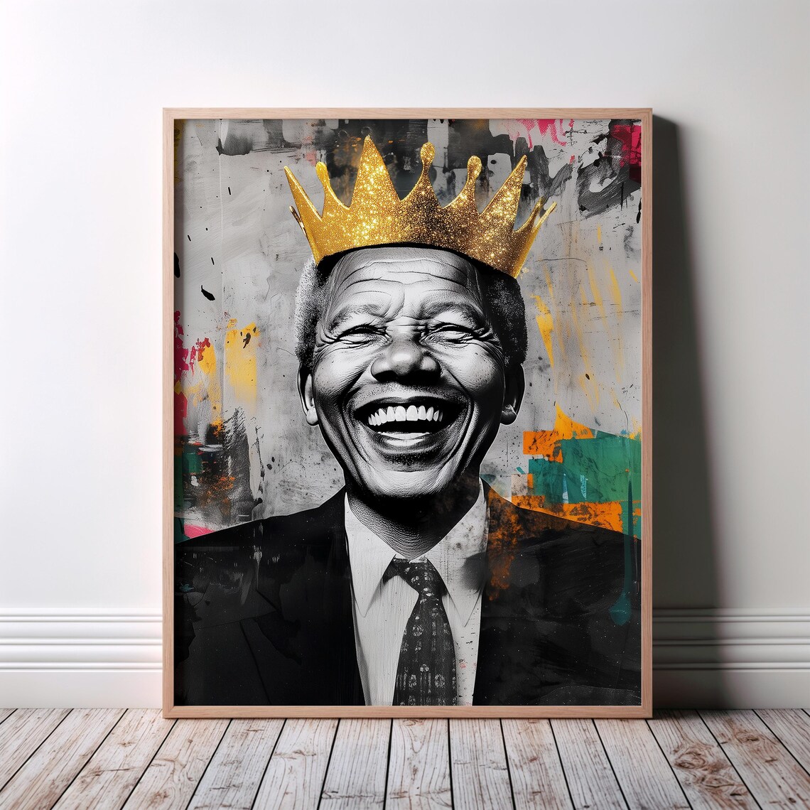 Nelson Mandela Gold Crown Laughing Portrait Graffiti Art Poster