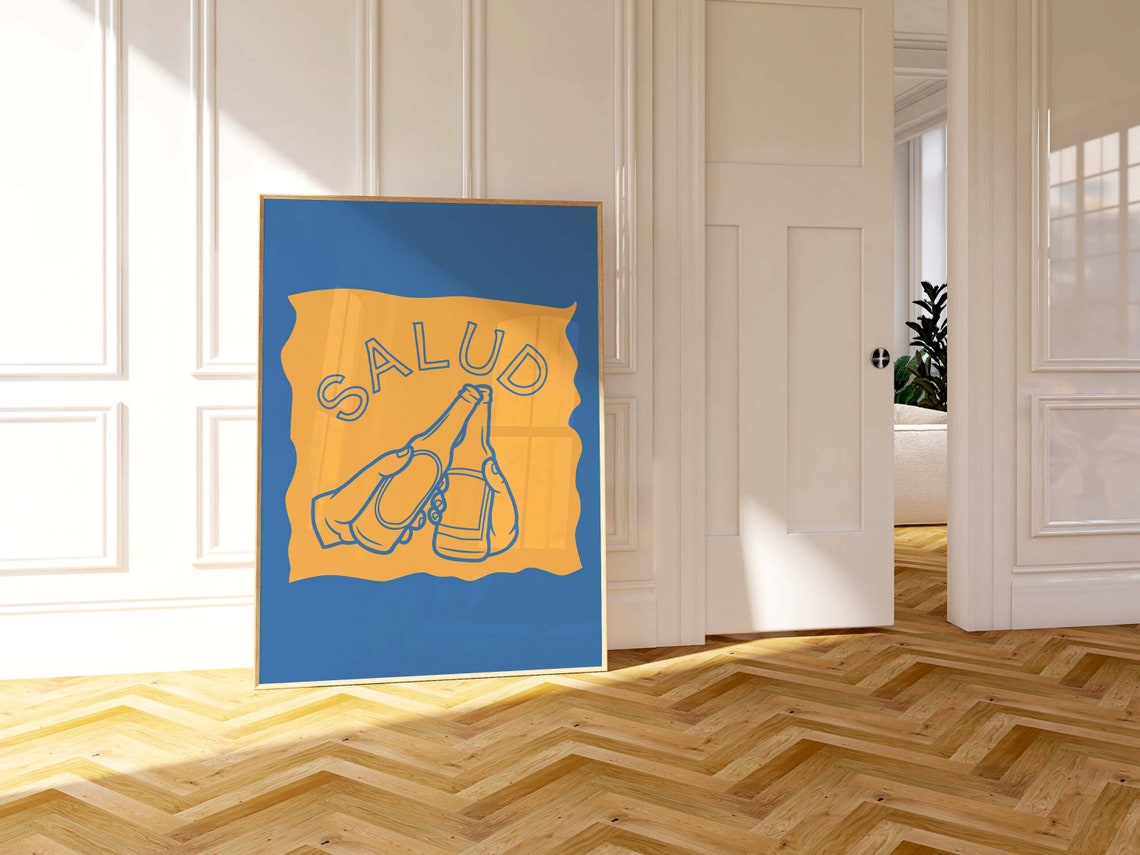 Salud Beer Bottle Cheers Retro Blue Yellow Bold Bar Party Poster - Image 3