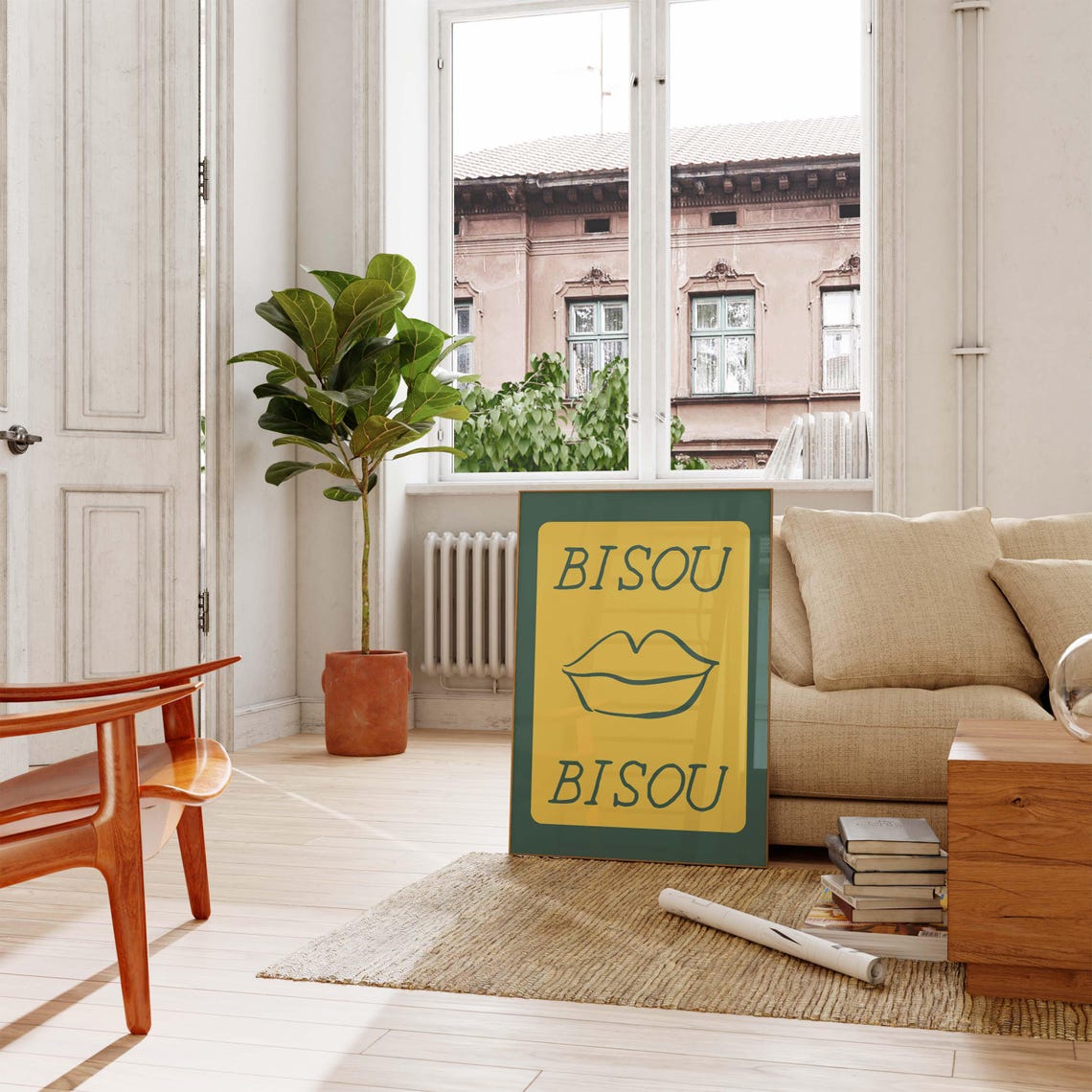 Bisou Bisou Yellow Green French Lips Kiss Bold Statement Wall Poster - Image 2