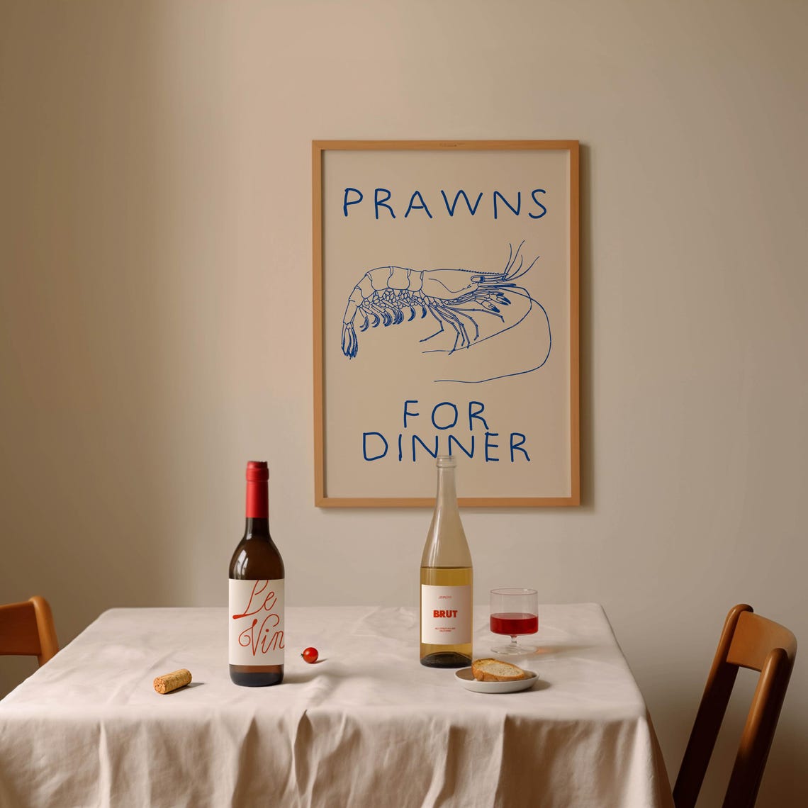 Prawns for Dinner Funny Kitchen Poster Blue Prawn Line Art Wall Decor - Image 3