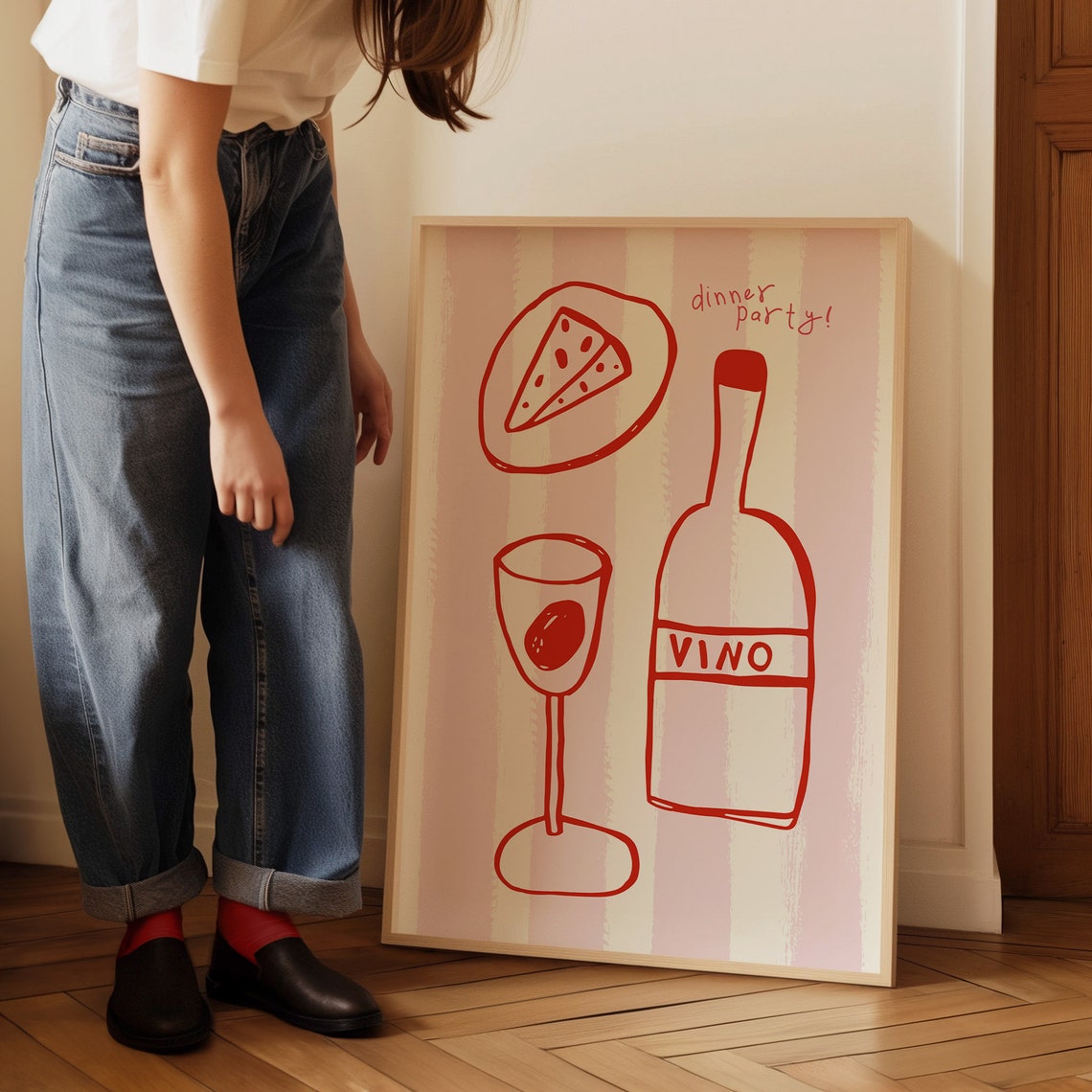 Dinner Party Red Line Art Cheese Wine Vino Pink Kitchen Poster - Image 2