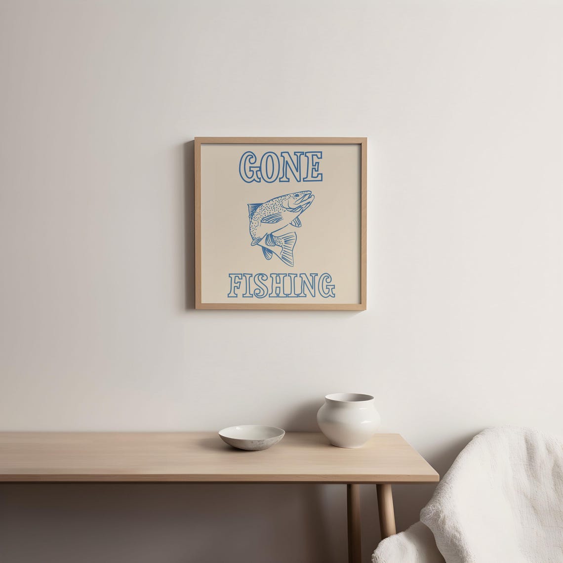Gone Fishing Leaping Trout Line Art Blue Retro Fisherman Poster - Image 3