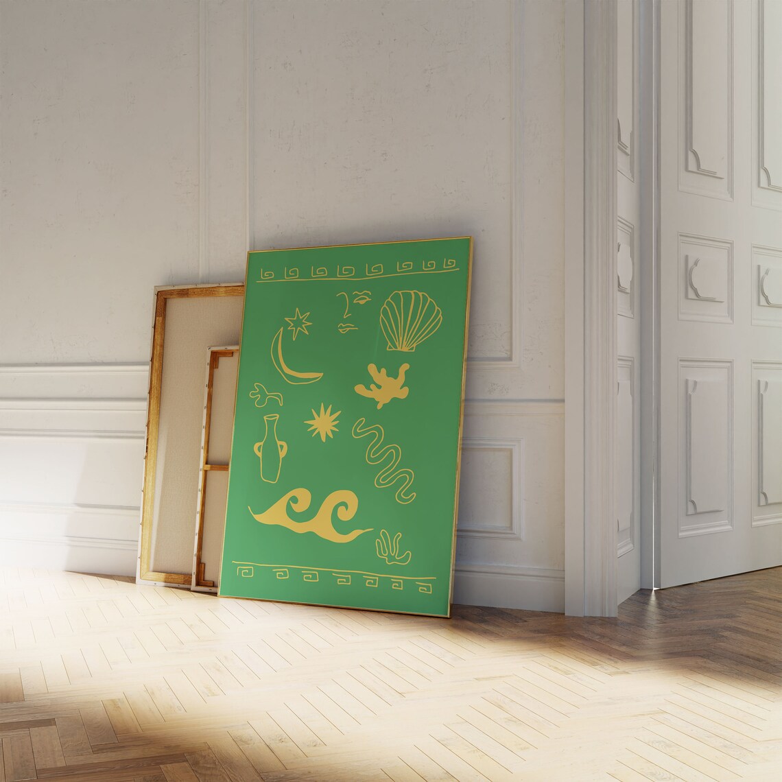 Greek Coastal Icons Gold Line Art on Green Shell Moon Poster - Image 3