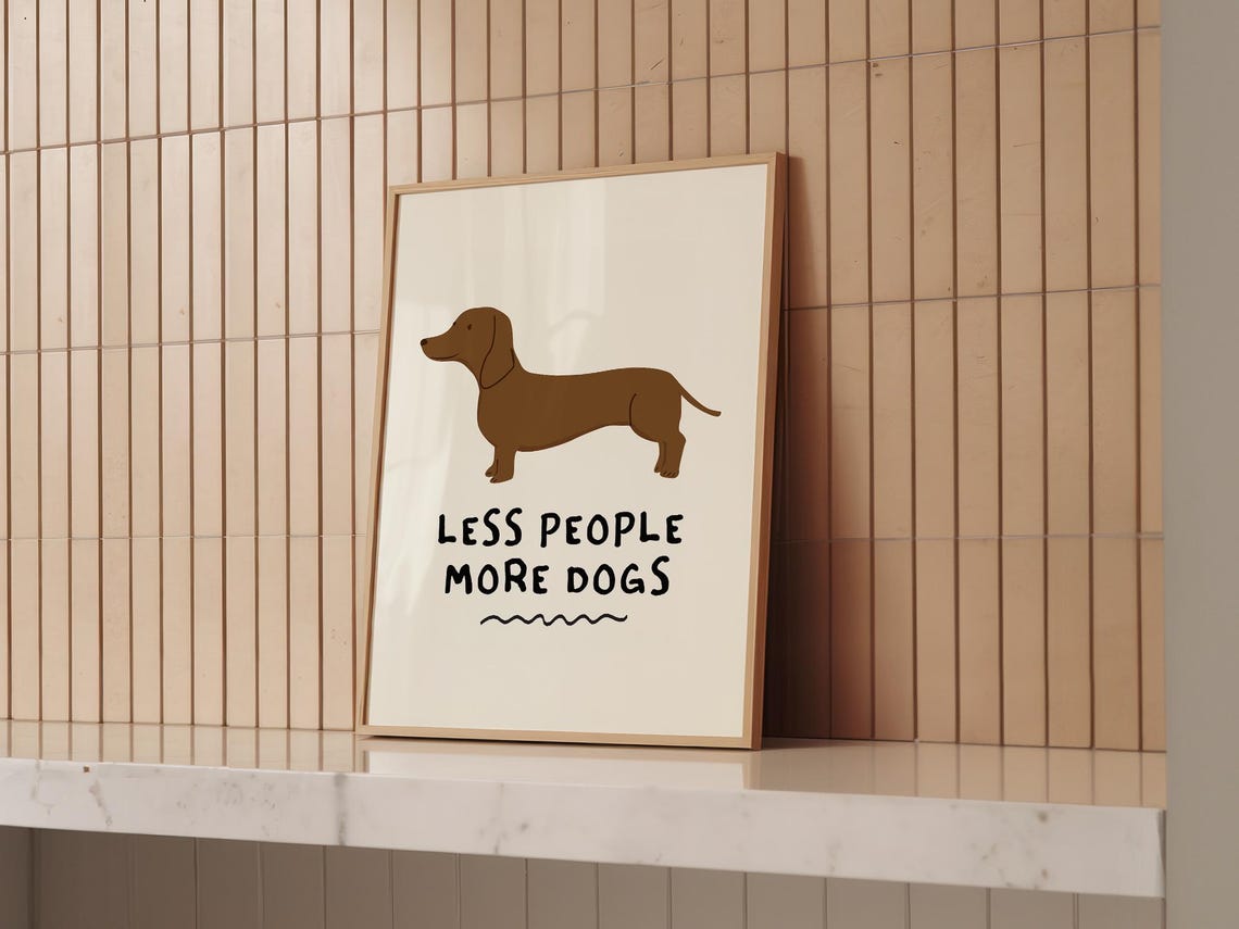 Less People More Dogs Dachshund Line Art Cream Pet Quote Poster - Image 2