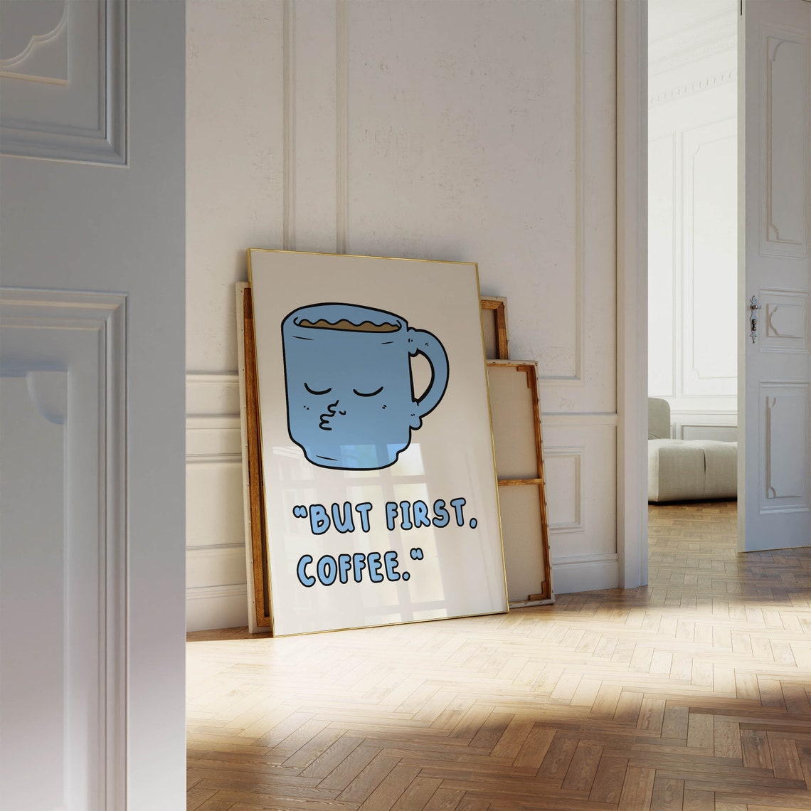 But First Coffee Blue Cartoon Mug Face Kitchen Humor Wall Poster - Image 3