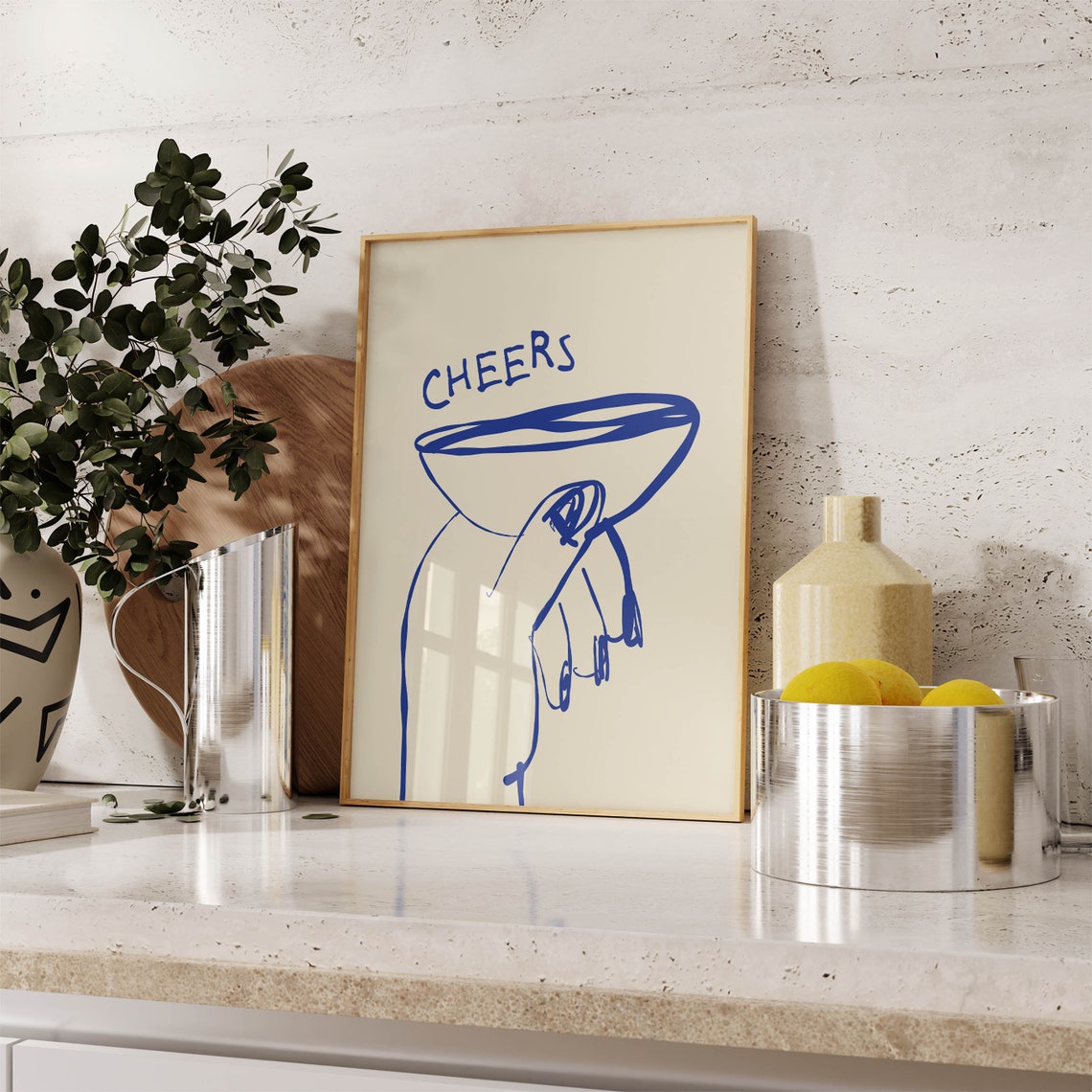 Cheers Cocktail Glass Hand Blue Bar Cart Drink Kitchen Decor Poster - Image 4