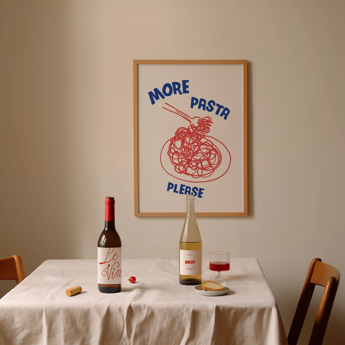 More Pasta Please Fork Spaghetti Drawing Blue Red Foodie Poster - Image 3