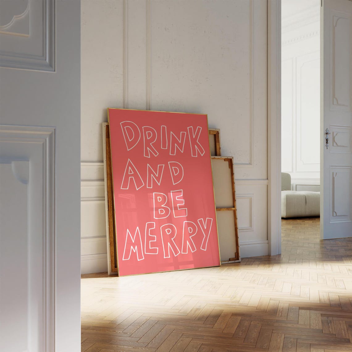 Drink And Be Merry Red Hand Lettered Typography Party Bar Poster - Image 2