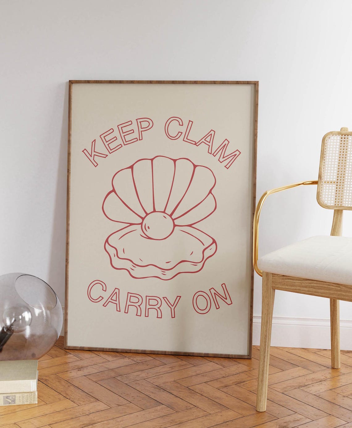 Keep Clam Carry On Funny Seafood Poster Red Oyster Shell Line Art