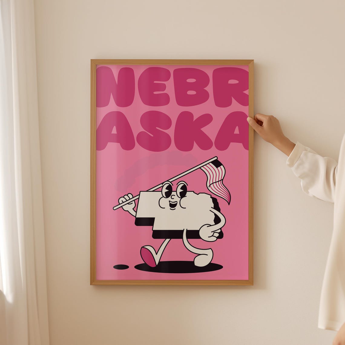 Nebraska Groovy Retro State Mascot Character Pink Funky Poster