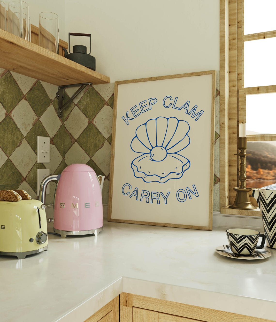 Keep Clam Carry On Funny Seafood Poster Blue Oyster Shell Wall Decor - Image 3