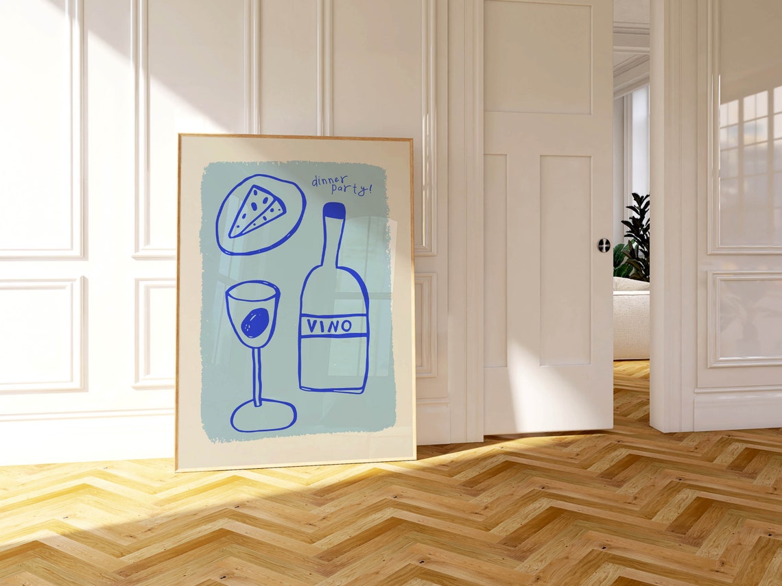 Dinner Party Vino Wine And Cheese Blue Line Art Kitchen Wall Poster - Image 4