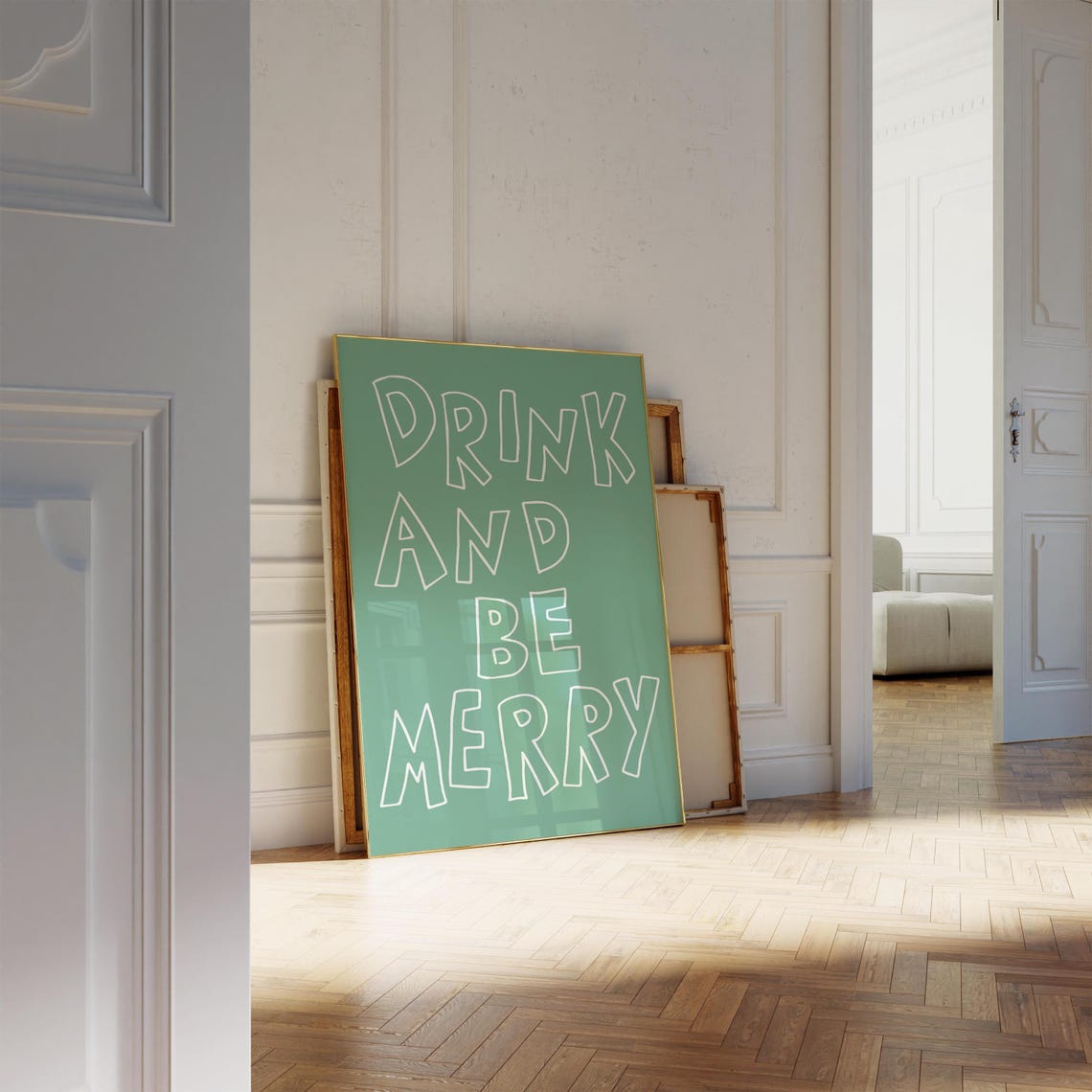 Drink And Be Merry Green Hand Lettered Typography Party Bar Poster - Image 2